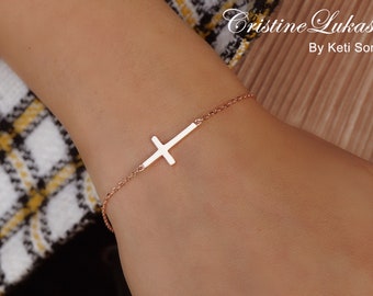 SALE! Sideways Cross Bracelet in Rose Gold, Celebrity Style Small Cross, Horizontal Cross Bracelet For Woman or Girl