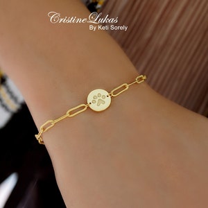 Paw Print Disc Bracelet in Sterling, Yellow or Rose Gold, Pet Lover Gift, Puppy Gift With Sturdy Paperclip Chain. Engrave Name on Back.