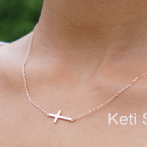 18K Solid Gold Sideways Cross Necklace 