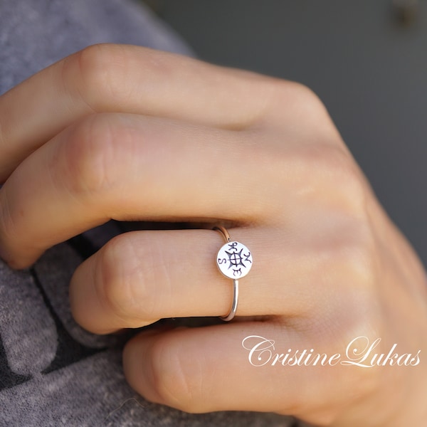 Sterling Silver Mini Compass Ring, Traveler's Ring, Graduation Ring, Destination Ring, Small Disc Ring.