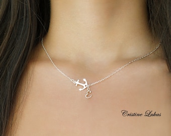 10K, 14K or 18K Solid Gold Personalized Anchor Charm Necklace with Your Initial in Yellow, White or Rose Gold, Sideways Anchor.