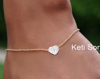 Heart Bracelet with Diamonds in 10K, 14K or 18K Solid Gold - Dainty Heart Anklet Or Bracelet - Yellow Gold, Rose Gold or White Gold