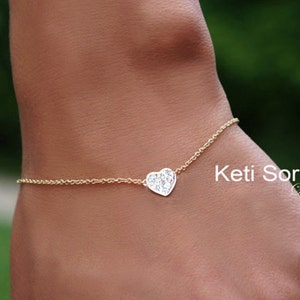 Heart Bracelet with Diamonds in 10K, 14K or 18K Solid Gold - Dainty Heart Anklet Or Bracelet - Yellow Gold, Rose Gold or White Gold