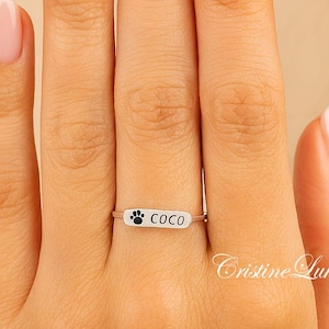 Anillos de barra grabados con huella de pata: delicados anillos apilables en plata de ley, oro amarillo u oro rosa. Anillo con huella de pata de perro.