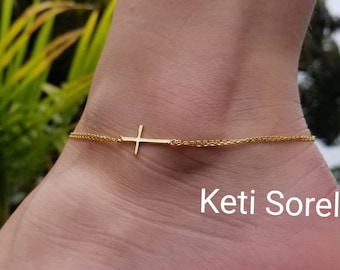 Sale! Double Chain Sideways Cross Anklet in Sterling Silver, Yellow or Rose Gold, Beach Anklet - Horizontal Cross Anklet - Religious Jewelry