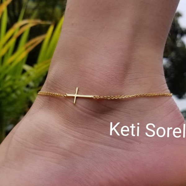 Sale! Double Chain Sideways Cross Anklet in Sterling Silver, Yellow or Rose Gold, Beach Anklet - Horizontal Cross Anklet - Religious Jewelry