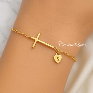 Solid Gold: 10K, 14K, 18K or Siver Personalized Sideways Cross Bracelet or Anklet S with Engraved Initial on Heart.