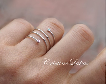 10K, 14K or 18K Gold Solid Gold Dainty Spiral Wrap Ring With Genuine Birthstones, Spiral Wire Ring in Yellow Gold, Rose Gold or White Gold.