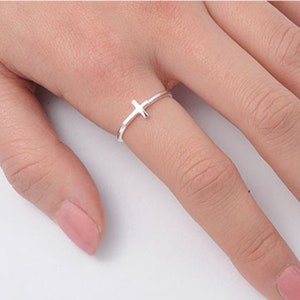 Sideways Cross Ring Set with CZ Band Dainty Stacking Ring Set in Silver Religious Jewelry for Kids & Adults image 2