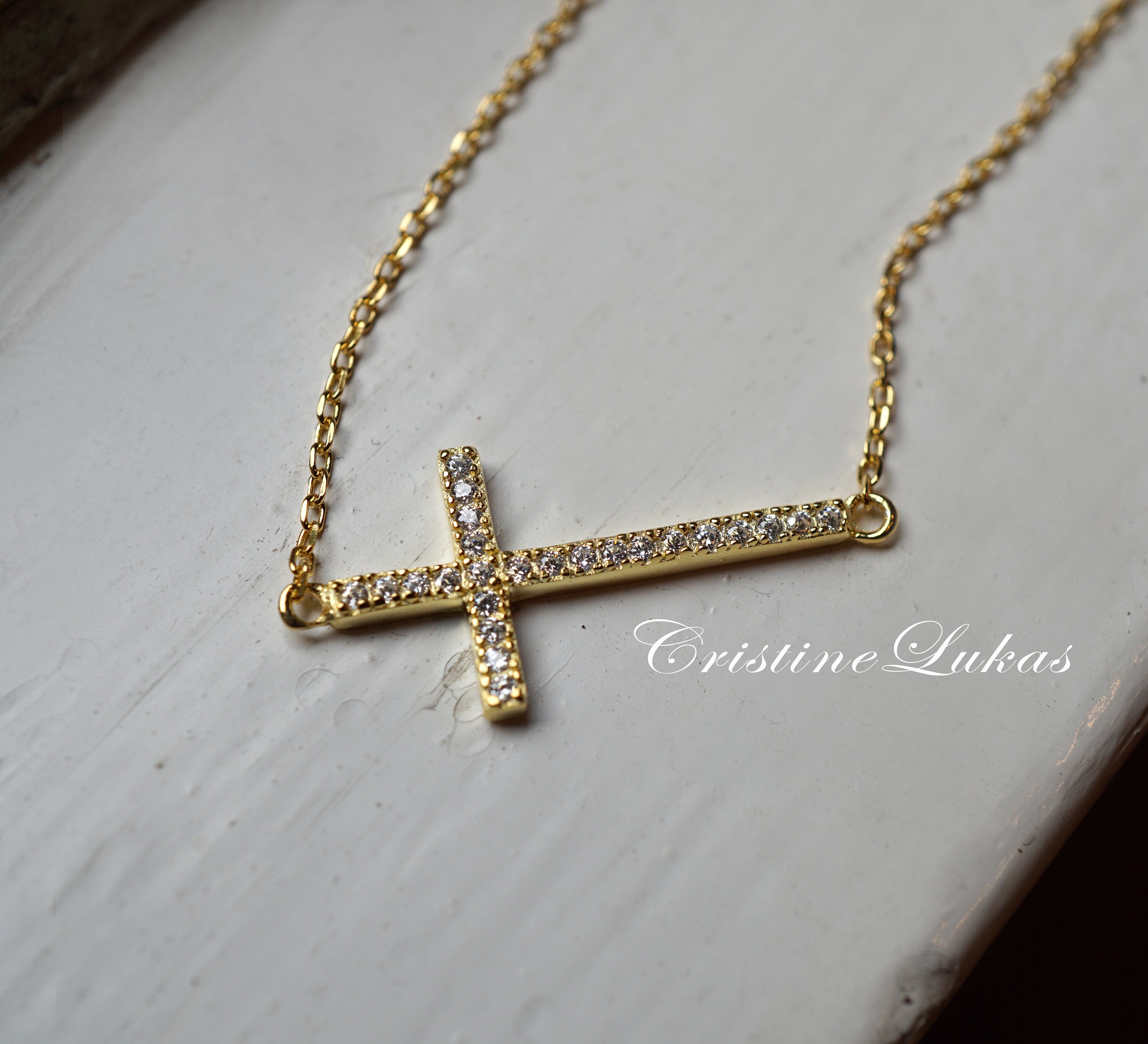 14K Rose Gold Plated Stainless Steel Sideways Cross Necklace - 16.5 Inch