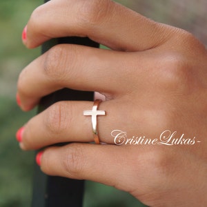 10k, 14K or 18K Solid Gold Sideways Cross Ring in Yellow, Rose or White Gold for Woman or Girl, Faith Inspiration, Dainty Religious Gifts.