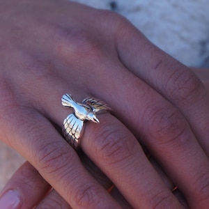 Large Sterling Silver Flying Bird Ring, Dove Ring, Freedom Ring With Platinum Overlay, Hypoallergenic, Expression of Freedom & Prosperity.