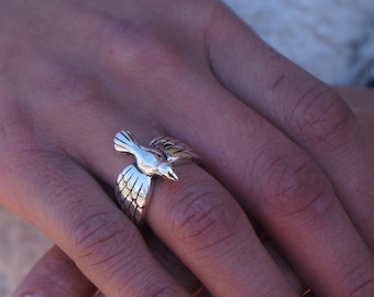 Large Sterling Silver Flying Bird Ring - Dove Ring - Freedom Ring With Platinum Overlay - Hypoallergenic Ring