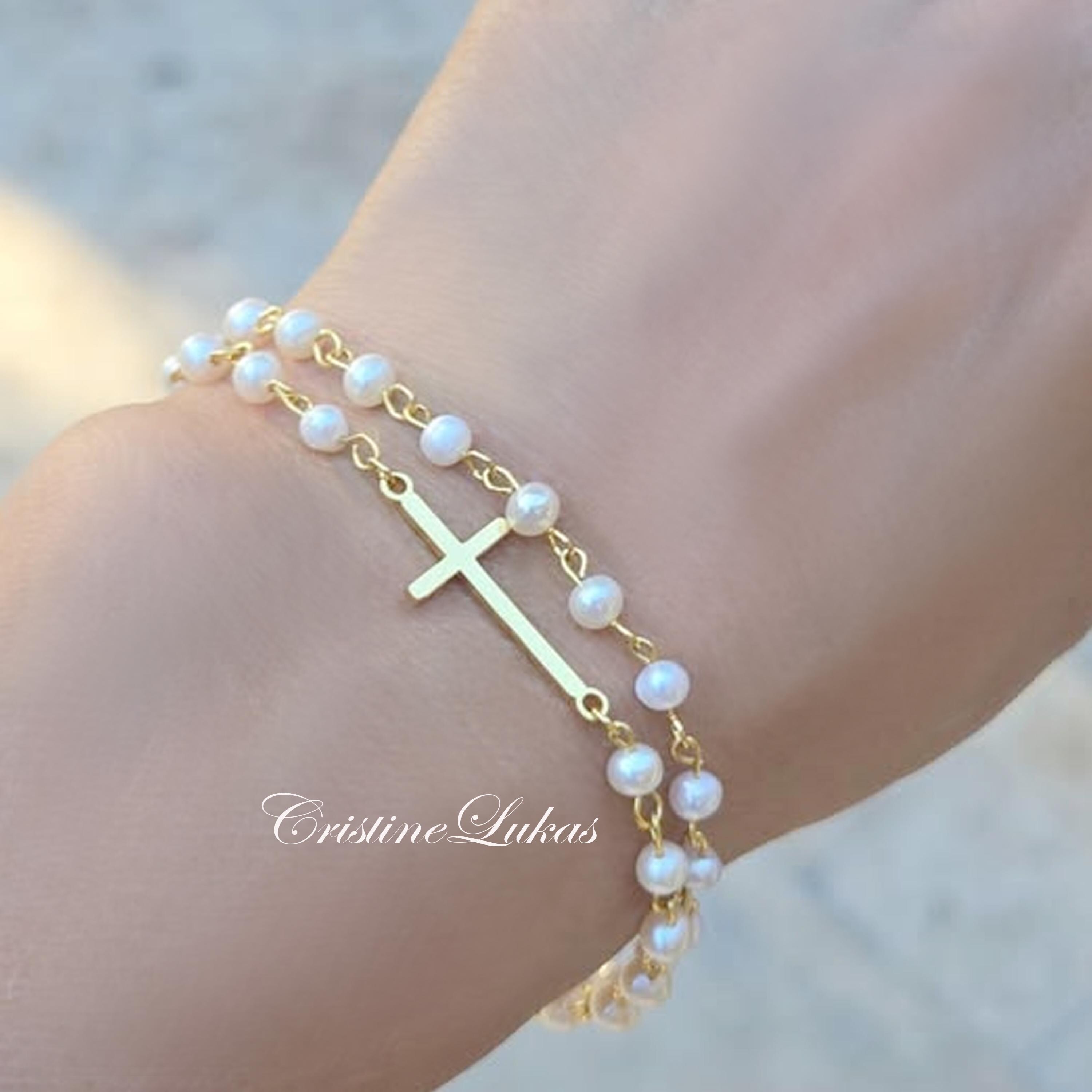 Natural Pearls Bracelet With Sideways Cross, Double String Bracelet in ...
