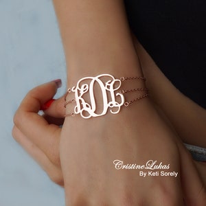 Designer Monogram Bracelet in Sterling Silver or Yellow or Rose Gold Overlay, Initials Bracelet with Triple Chain, Swirly Script Letters image 3