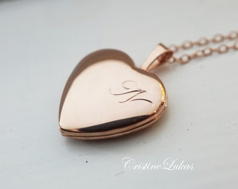 Hand Engraved Heart Locket Necklace With Script Initial in Sterling Silver, Yellow or Rose Gold, Personalized Photo Locket For Woman or Girl