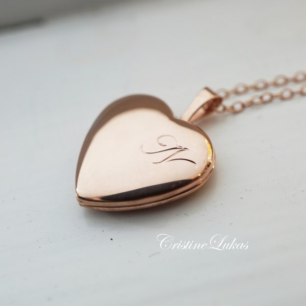 Hand Engraved Heart Locket Necklace With Script Initial in Sterling Silver, Yellow or Rose Gold, Personalized Photo Locket For Woman or Girl