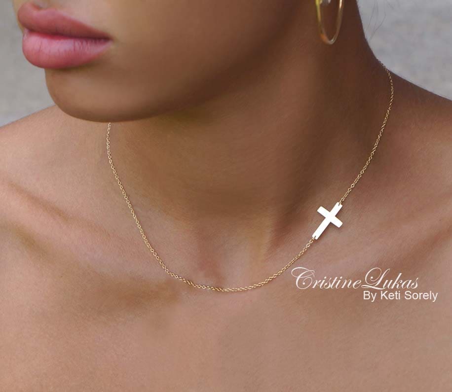 10K 14K or 18K Solid Gold Sideways Cross Necklace Yellow Gold