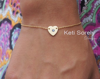 10K, 14K or 18K Solid Gold - Dainty Heart  Bracelet or Anklet w/ Genuine Birthstone - Love Symbols - Fine Jewelry