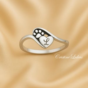 10K, 14K or 18K Solid Gold, Yellow, Rose or White Gold Engraved Paw Print Ring with Dog's Initial, Forever In My Heart Ring. image 1
