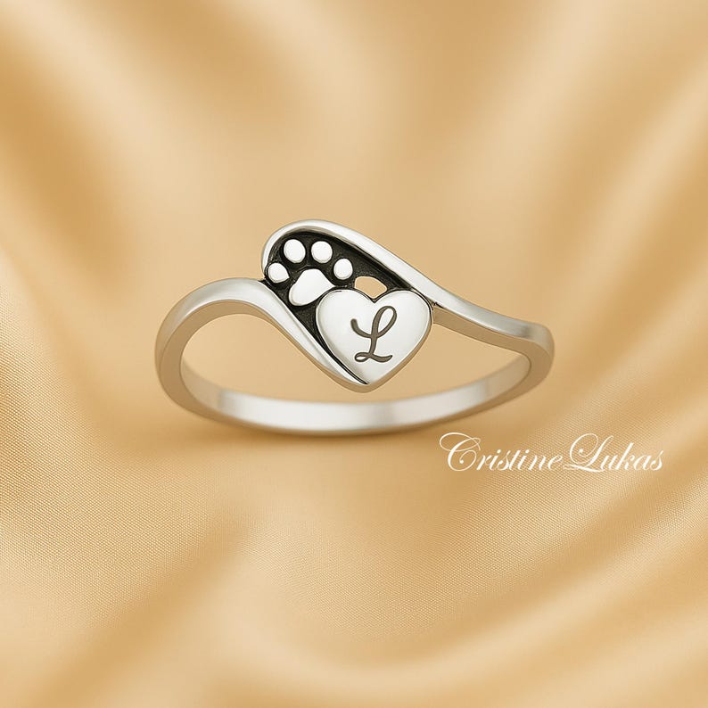 10K, 14K or 18K Solid Gold, Yellow, Rose or White Gold Engraved Paw Print Ring with Dog's Initial, Forever In My Heart Ring. image 1