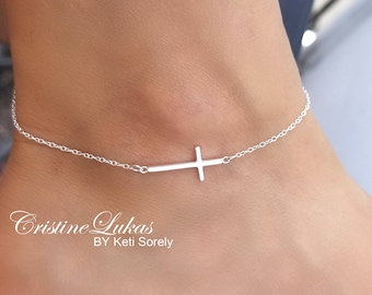 Solid Gold Sideways Cross Anklet, Dainty Cable Chain, Religious Gift