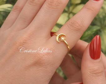 Sale! Moon & Star Celestial Adjustable Ring in Sterling Silver, Yellow or Rose Gold, I Love You To the Moon.