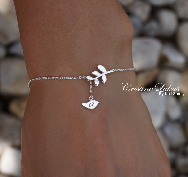 10K, 14K or 18K Solid Gold or Sterling Silver Small Bird Bracelet or Anklet Tree Leaf Bracelet in Yellow, White or Rose Gold image 1