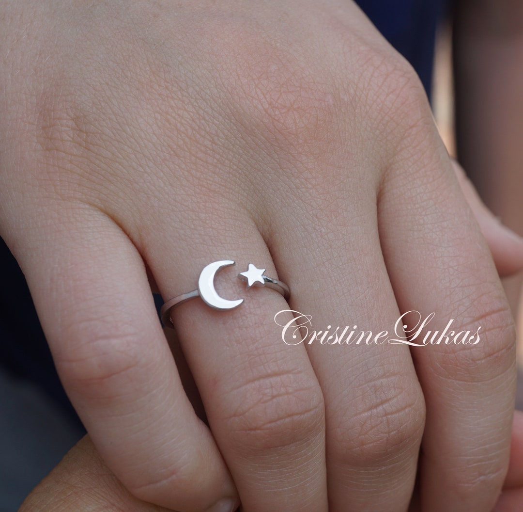 Open Moon & Star Ring, Adjustable Wrap Ring in Sterling Silver, Yellow or  Rose Gold I Love You to the Moon Ring - Etsy