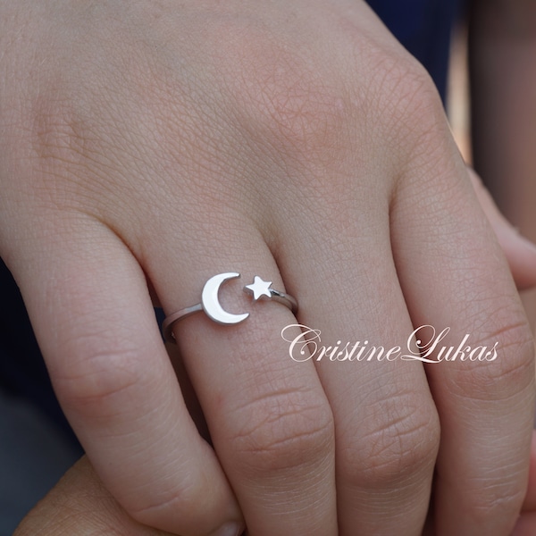 Anello regolabile Moon & Star in argento sterling, oro giallo o rosa, anello I Love You To The Moon