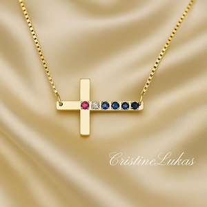 10K, 14K or 18K Solid Gold or Sterling Silver personalized Sideways Cross Necklace, Your Family Birthstones in Rose, Yellow or White Gold.