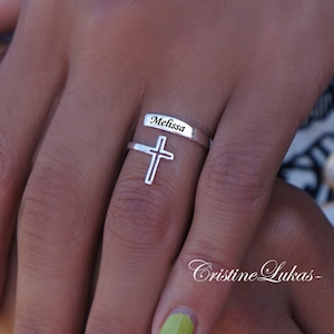 10K, 14K or 18K Solid Karat Gold or Sterling silver - Personalized Name Ring with Cross, Double Wrap Ring With Name, Date or Initials.