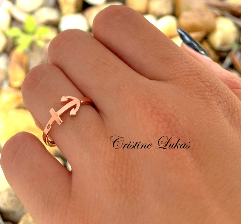 Sideways Anchor Ring in Gold or Sterling Silver Sideways Anchor Ring With Cross Horizontal Anchor Ring Yellow Gold or Rose Gold image 3