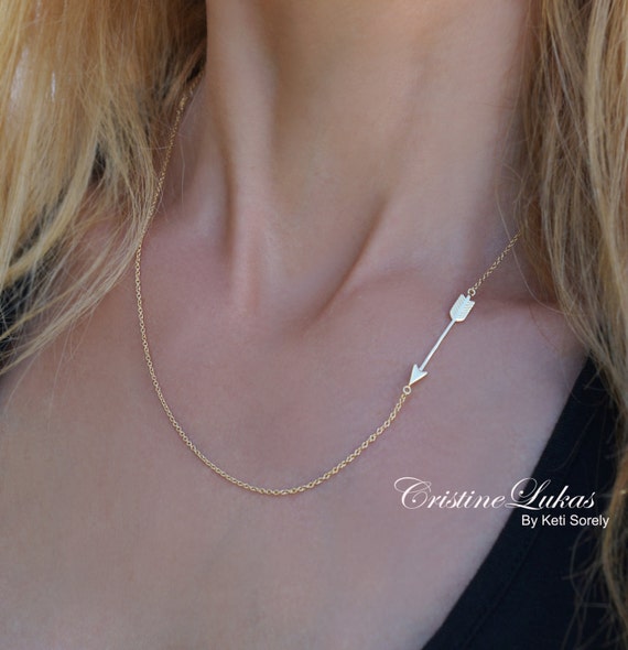 Sterling Silver Sideways Arrow Necklace for Woman or Girl - Available in Yellow, White and Rose Gold, Graduation, New Direction, new Path