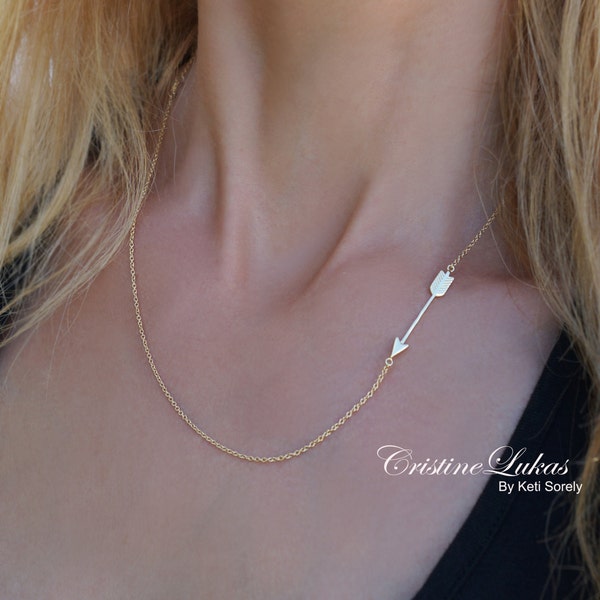 Sterling Silver Sideways Arrow Necklace for Woman or Girl - Available in Yellow, White and Rose Gold , Graduation, New Direction, new Path