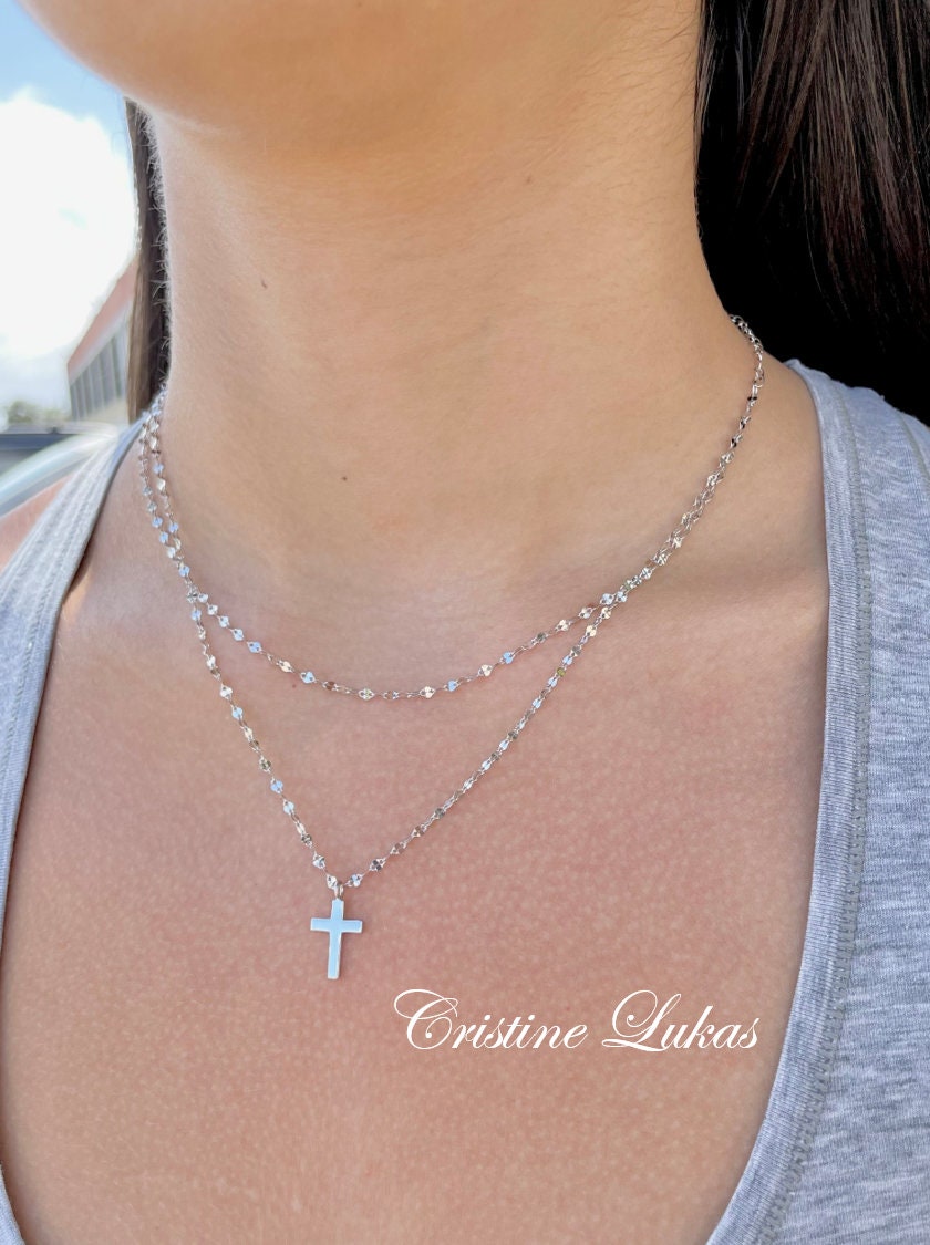 Layered Cross Necklace With Specialty Chain, Double Chain