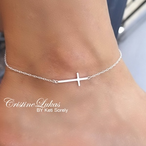 Sideways Cross Anklet in Sterling Silver, Yellow or Rose Gold - Beach Anklet - Horizontal Cross Anklet - Religious Jewelry