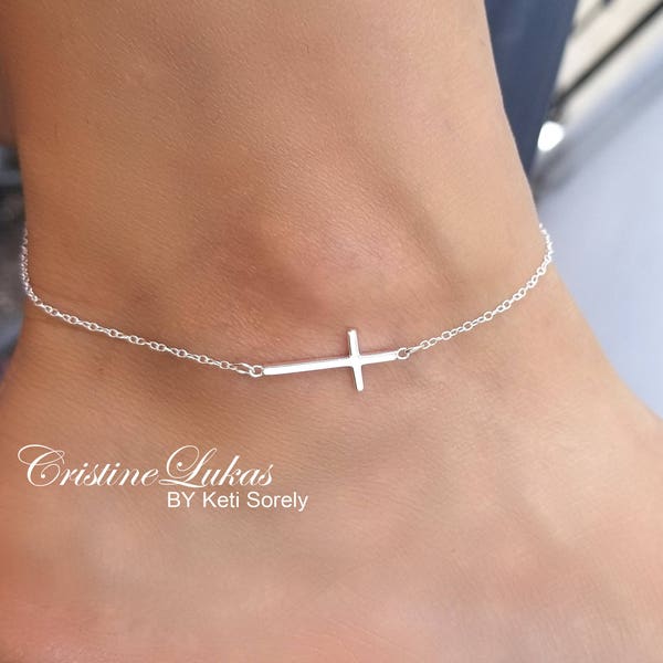 Sideways Cross Anklet in Sterling Silver, Yellow or Rose Gold - Beach Anklet - Horizontal Cross Anklet - Religious Jewelry