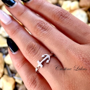 Sideways Anchor Ring in Gold or Sterling Silver Sideways Anchor Ring With Cross Horizontal Anchor Ring Yellow Gold or Rose Gold image 2