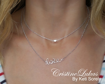 10K, 14K, 18K Solid Gold Layered Necklace with Dainty Heart & Love Necklace In Yellow, Rose or White Gold. Love Inspirational Gift.