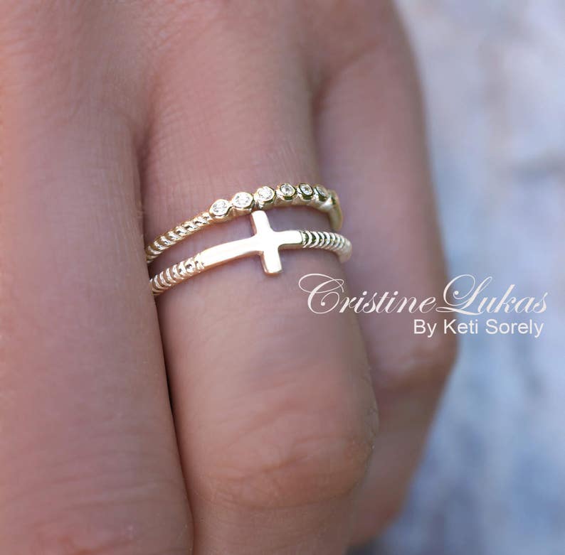 Sideways Cross Ring with CZ Stone Ring Stacking Ring Set with Twist Rope Band Sterling Silver Dainty Cross Ring Set in Yellow or Rose image 2