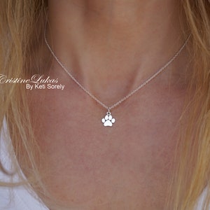 Dainty Paw Print Charm Necklace in Sterling Silver, Yellow, Rose or Rose Gold -  Mini Dog&#39;s Paw Necklace, Pet Necklace