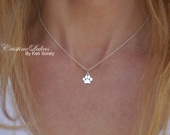 Dainty Paw Print Charm Necklace in Sterling Silver, Yellow, Rose or Rose Gold -  Mini Dog's Paw Necklace, Pet Necklace