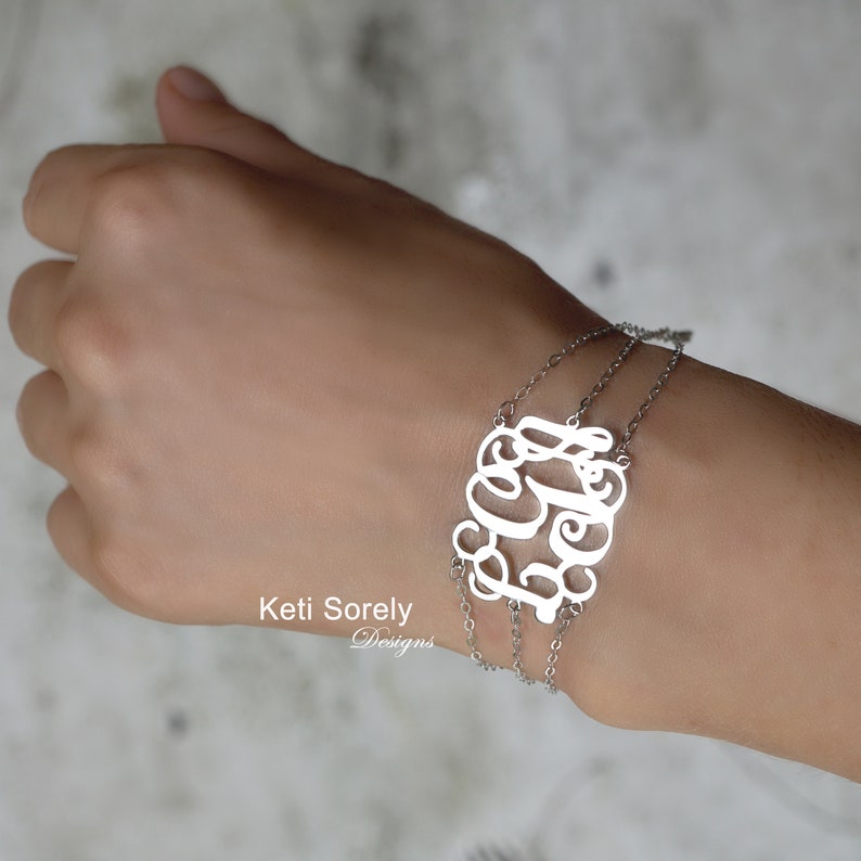 Designer Monogram Bracelet in Sterling Silver or Yellow or Rose Gold Overlay, Initials Bracelet with Triple Chain, Swirly Script Letters image 2