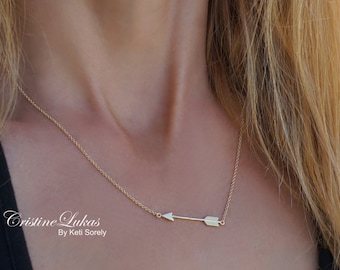 Sideways Arrow Necklace for Woman or Girl, Dainty Arrow Charm in Sterling silver, Rose Gold or Yellow Gold, Life Event, Graduation Gift