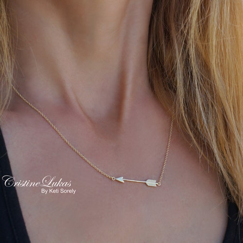 Sideways Arrow Necklace for Woman or Girl, Dainty Arrow Charm in Sterling silver, Rose Gold or Yellow Gold, Life Event, Graduation Gift