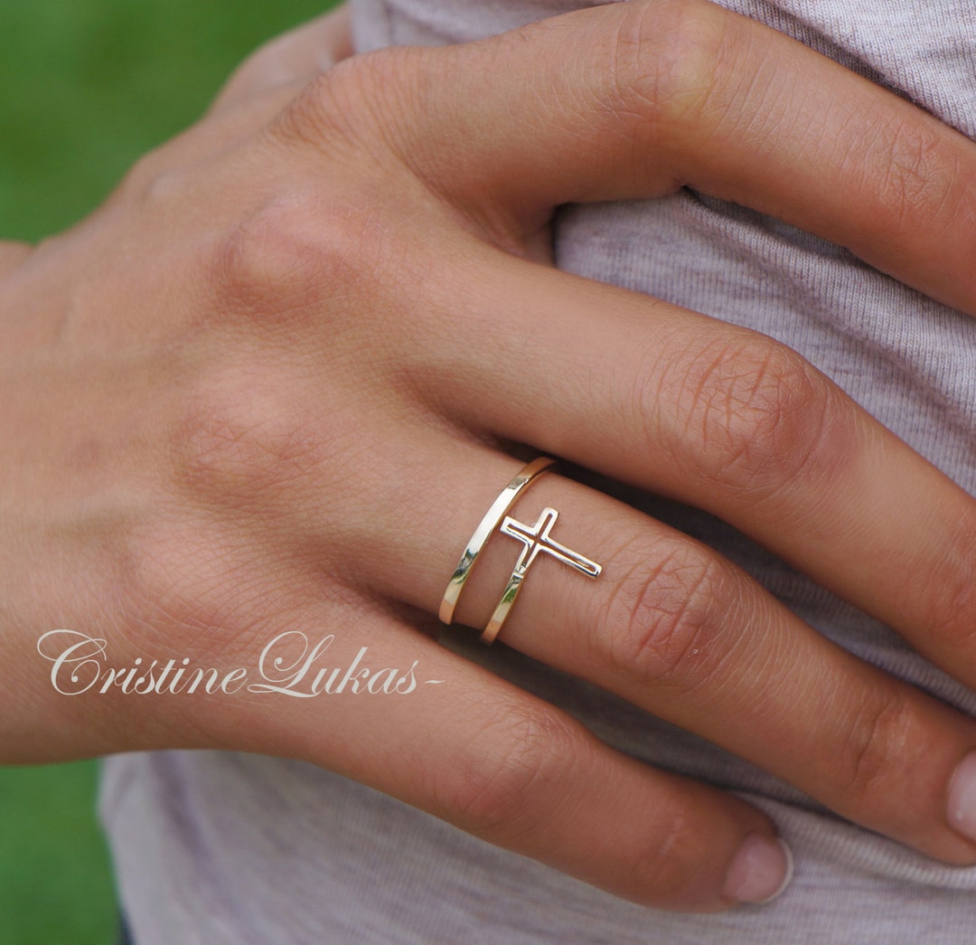 Celebrity Style Cross Ring Double Wrap Upright Cross Ring By pass Mini Cross Ring Yellow Gold Rose Gold or Sterling Silver Etsy