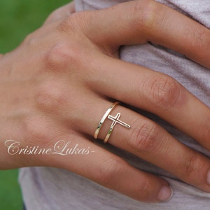 Celebrity Style Cross Ring - Double Wrap Upright Cross Ring , By-Pass Mini Cross Ring - Yellow Gold, Rose Gold or Sterling Silver