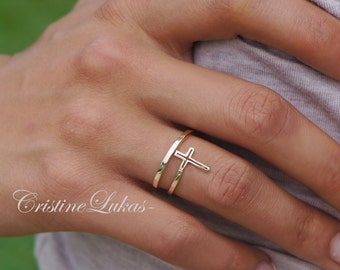 Celebrity Style Cross Ring - Double Wrap Upright Cross Ring , By-Pass Mini Cross Ring - Yellow Gold, Rose Gold or Sterling Silver