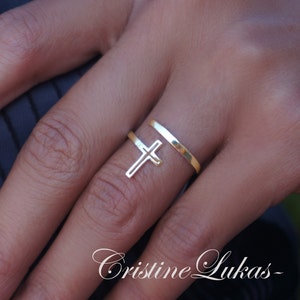 10K, 14K or 18K Solid Gold Celebrity Style Bypass Cross Ring,Double Wrap Cross In Yellow Gold, Rose Gold or White Gold